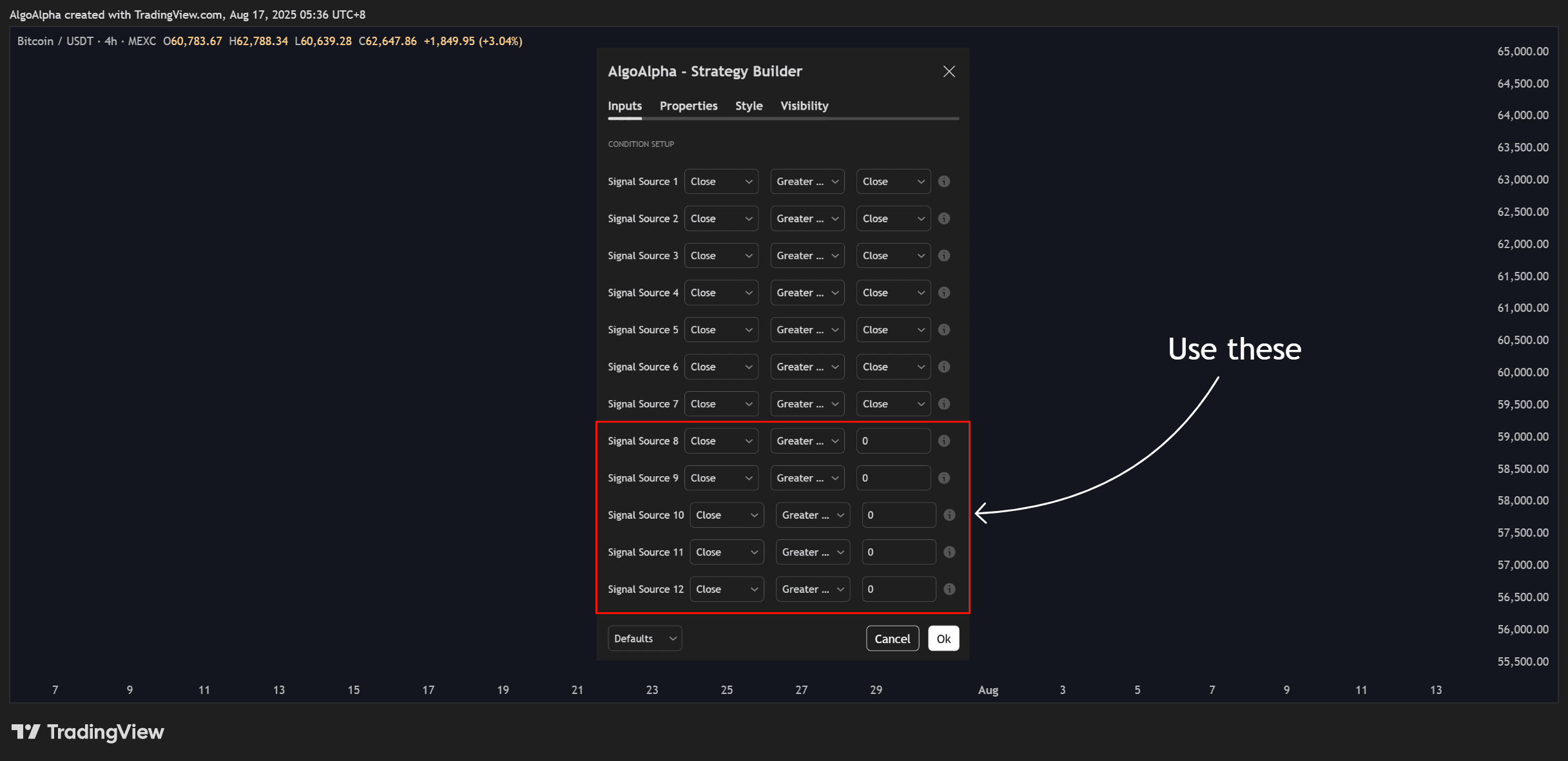 Trade parameters and exit conditions configured